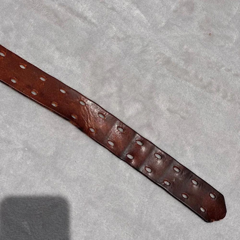 Vintage Brown Leather Double Prong Roller Buckle Adjustable Belt Mens 30-36